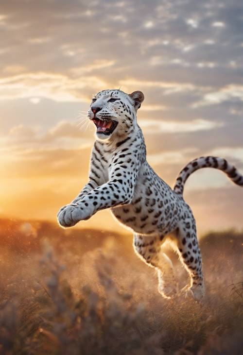 Uma cena deslumbrante de um leopardo branco em pleno salto, emoldurada por um pôr do sol brilhante.