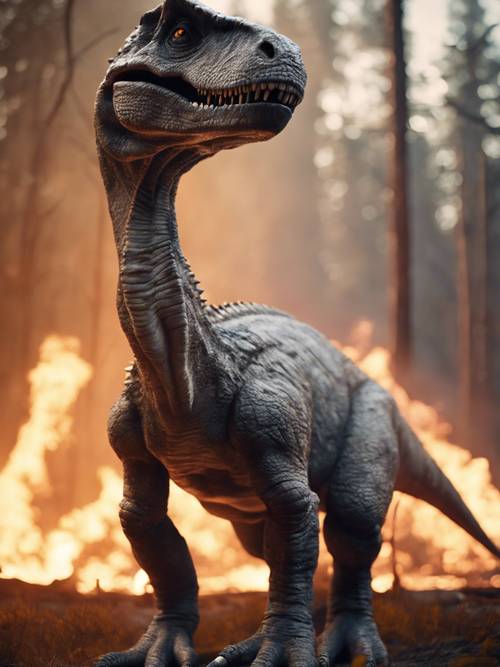 Um dinossauro cinza iluminado pelo brilho quente de um incêndio florestal próximo.