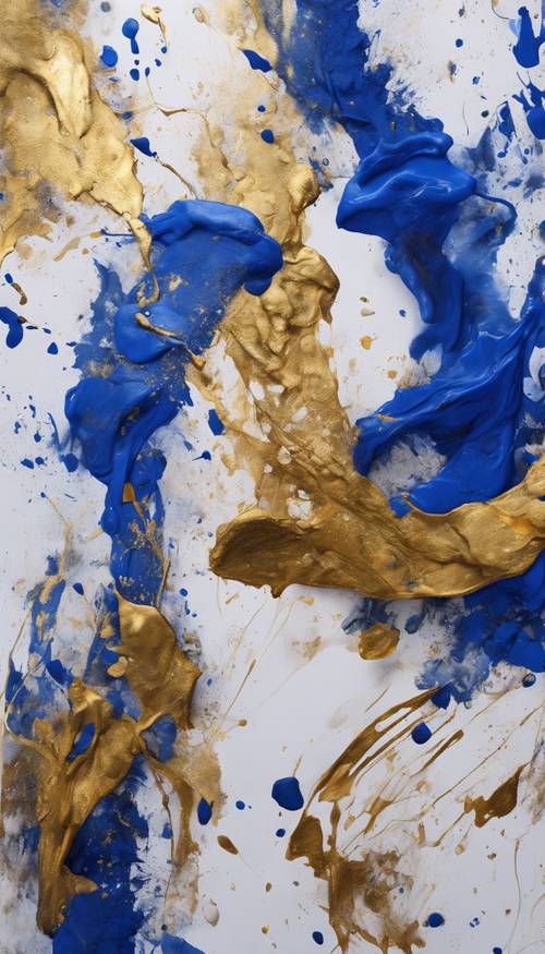 Uderzający nowoczesny obraz abstrakcyjny z grubymi plamami królewskiego błękitu i plamami złota i bieli.