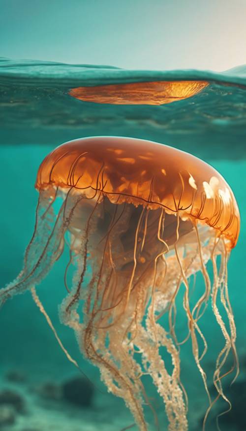 Eine Nahaufnahme einer orangefarbenen Qualle, die im Tagesanbruch im türkisfarbenen Ozean schwimmt