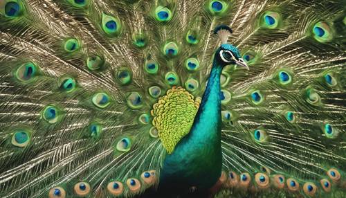 Watercolor expression of an emerald green peacock.
