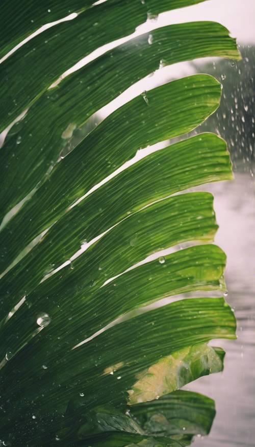 Taze yeşil palmiye yaprağı, yaz sağanağından sonra hareketsiz dinleniyor.