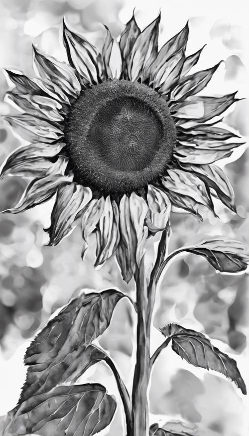 Stylizowana i abstrakcyjna czarno-biała akwarela przedstawiająca słonecznik.