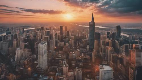 Una splendida vista panoramica sullo skyline di una città che si crogiola al tramonto.