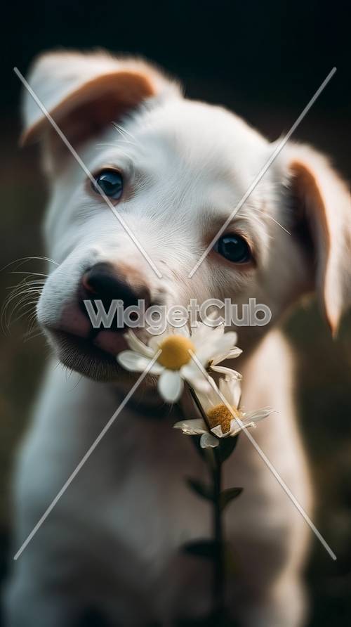 Chú chó con dễ thương với một bông hoa cúc trong miệng