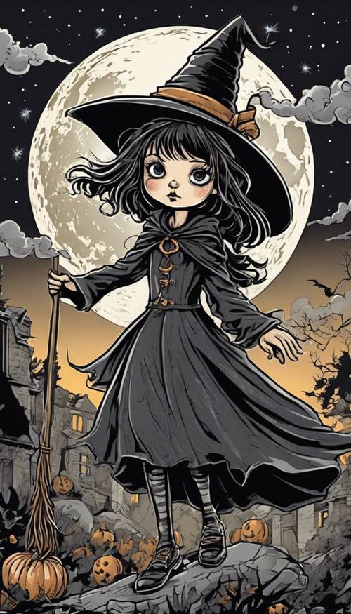 A cartoon image of a spooky little girl clothed in a black witch attire, flying on a broom under a full moon sky. Tapéta [d41d411a909644c188bb]