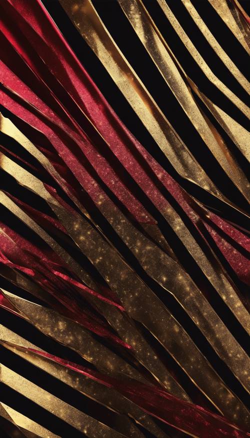 Diagonal stripes of glistening gold and intense ruby red over a black background for a luxurious feel.