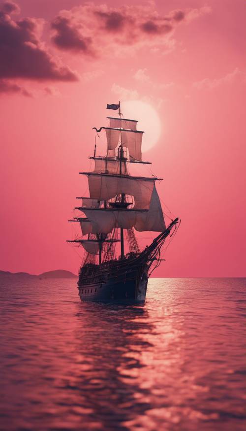 Kapal bajak laut berwarna biru tua berlayar dengan megah melintasi lautan matahari terbenam yang berwarna merah muda.