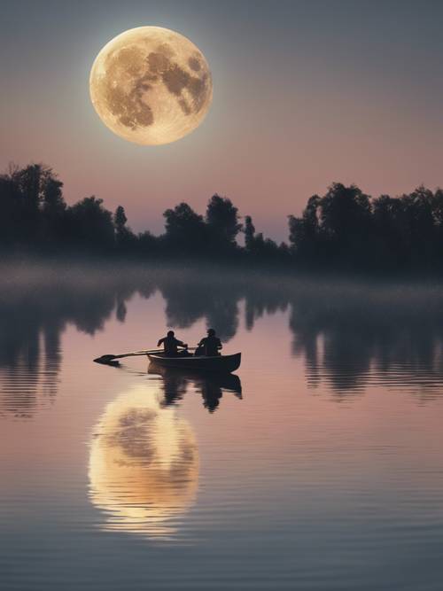 Vista distante de um casal em um barco, remando em um lago calmo, uma lua cheia refletida na água criando uma cena mágica