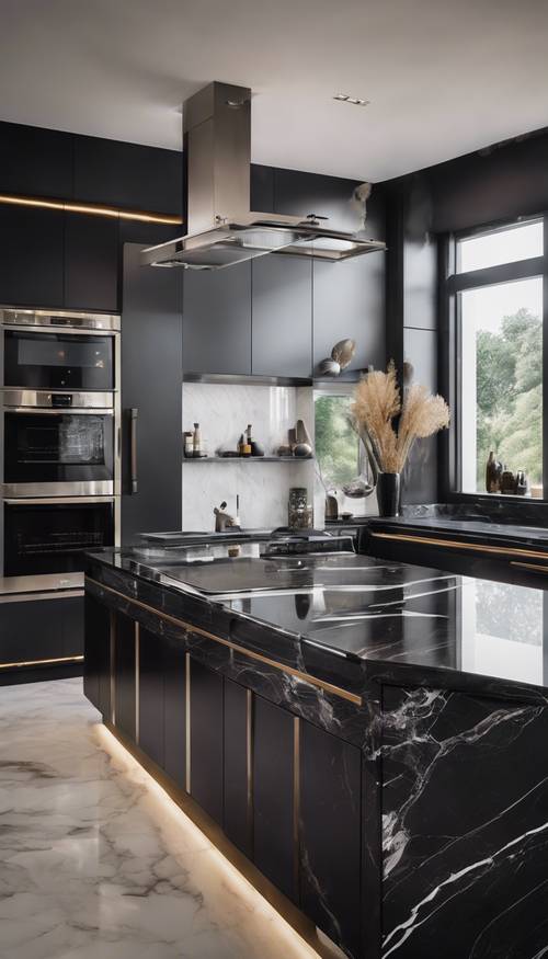 Dapur ultra-modern yang dirancang dengan finishing marmer hitam dan baja tahan karat yang ramping, dengan peralatan canggih, dan sebuah pulau dengan bangku tinggi.