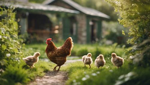 ฉากกระท่อมน่ารัก ๆ ที่มีแม่ไก่กำลังเดินเล่นกับลูก ๆ ผ่านลานบ้านสีเขียวชอุ่ม