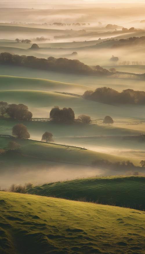 Uma paisagem celta ao amanhecer com colinas cobertas pelo orvalho da manhã e envoltas em uma névoa tênue.