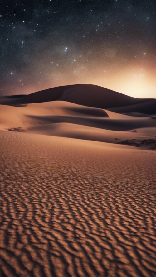 صحراء شاسعة تعصف بها الرياح تحت سماء الليل المضاءة بالنجوم.