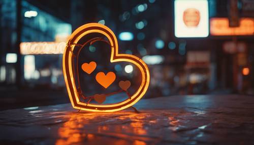 Símbolo de coração laranja brilhando em um letreiro de néon à noite.