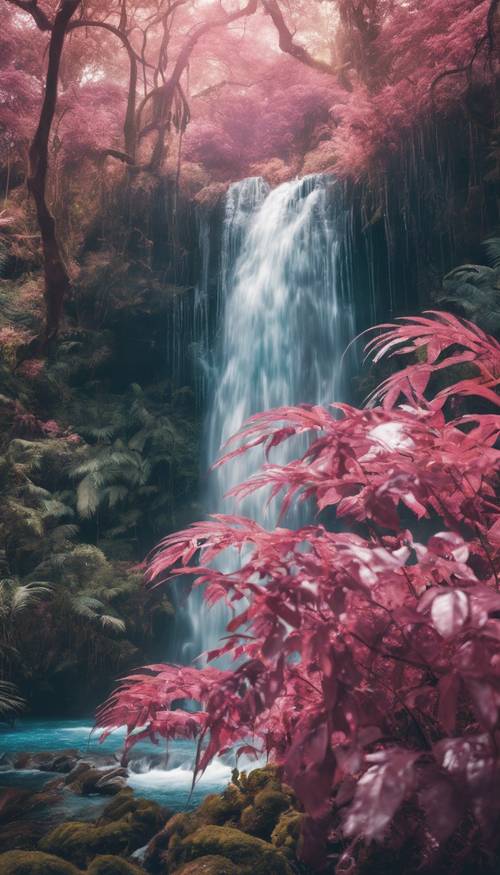 Une forêt tropicale au feuillage majoritairement rose, avec une cascade bleu clair tombant en cascade au cœur de celle-ci.