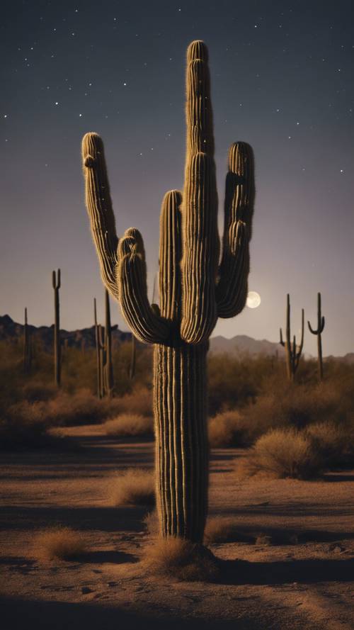 A large saguaro cactus in the desert, illuminated by the moonlight.