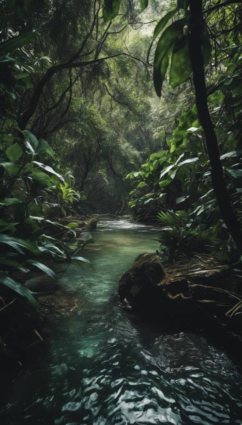 Un primo piano di un fiume scuro e vorticoso nella giungla sotto la pesante ombra degli alberi circostanti.