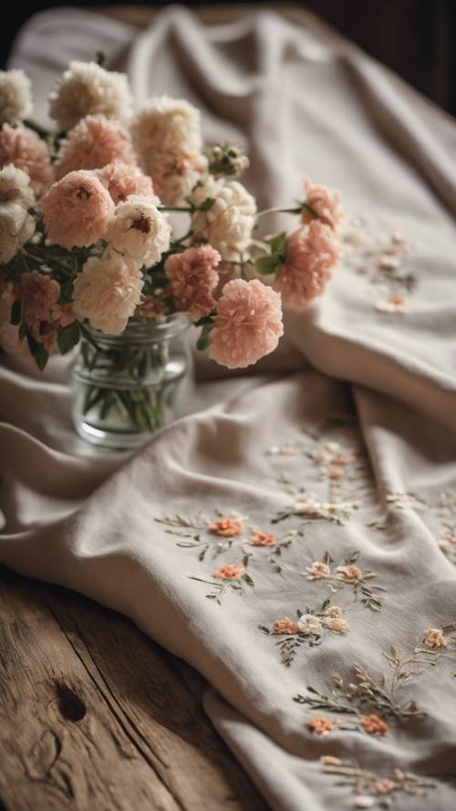 Beżowy lniany obrus ozdobiony delikatnymi, ręcznie haftowanymi kwiatami, ułożony na rustykalnym drewnianym stole.