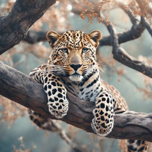 Un léopard majestueux posé sur une branche d&#39;arbre aux couleurs pastel.
