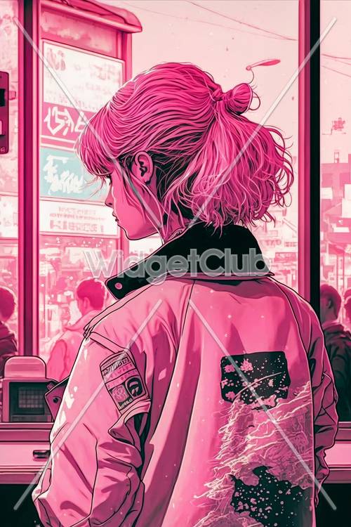 Pink-Haired Girl at a Japanese Train Station: A Cool Wallpaper Idea for Kids