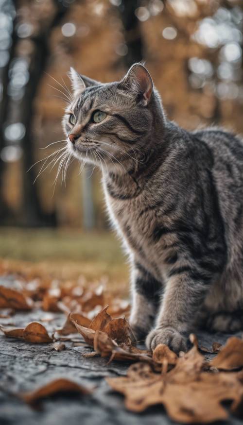 Eine neugierige Katze kratzt an einem abgefallenen grauen Blatt.