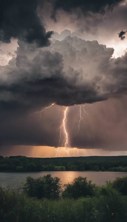 A sight of a summer thunderstorm, with dark clouds looming over a lake, while the setting sun peeps through a small hole in the clouds.