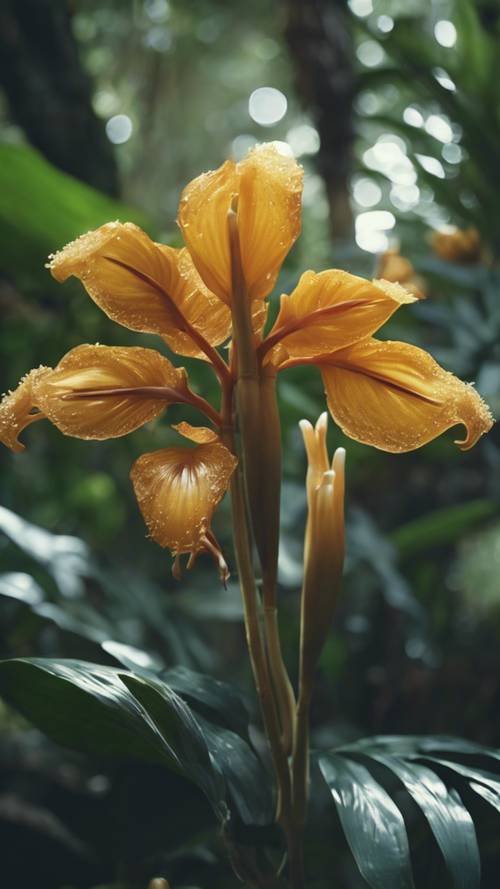 Bunga tropis emas eksotis tumbuh subur di hutan hujan