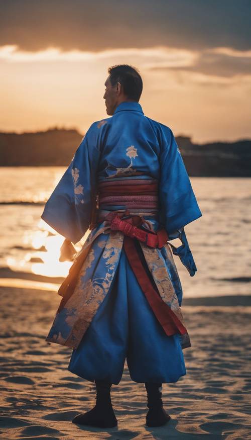 ภาพเหมือนของซามูไรสีน้ำเงินผู้กล้าหาญ ยืนอยู่ท่ามกลางพระอาทิตย์ตก โดยมีสายลมเล่นกับชุดกิโมโนของเขา