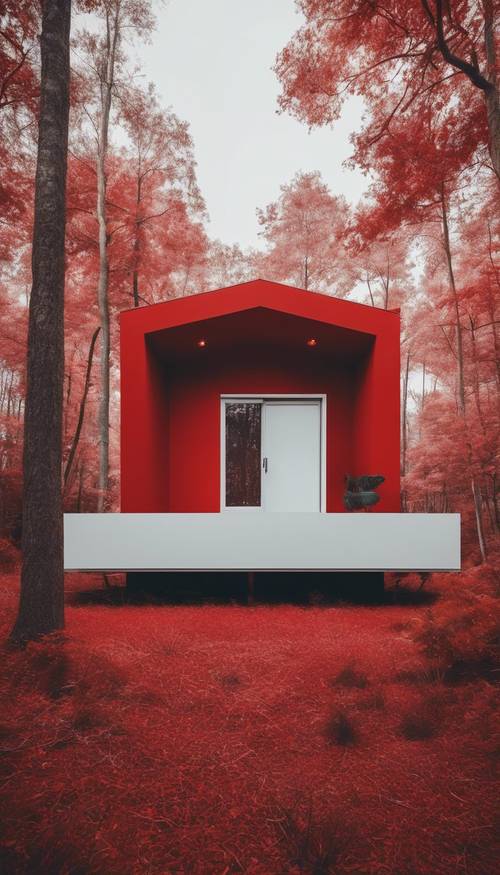 Rumah minimalis berwarna merah dengan lingkungan berwarna putih di tengah hutan.
