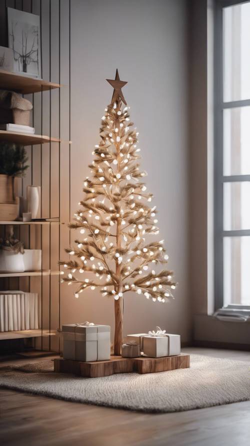 غرفة معيشة بسيطة تحتوي على شجرة عيد الميلاد الخشبية الطبيعية البسيطة والمزينة بأضواء بيضاء فقط