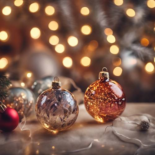 A set of elegant glass Christmas ornaments, reflecting the warm fireplace glow.