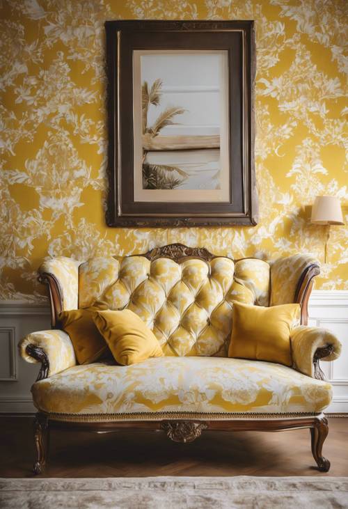 Un sofá de dos plazas tapizado con tela de damasco amarillo en una sala de estar sofisticada.
