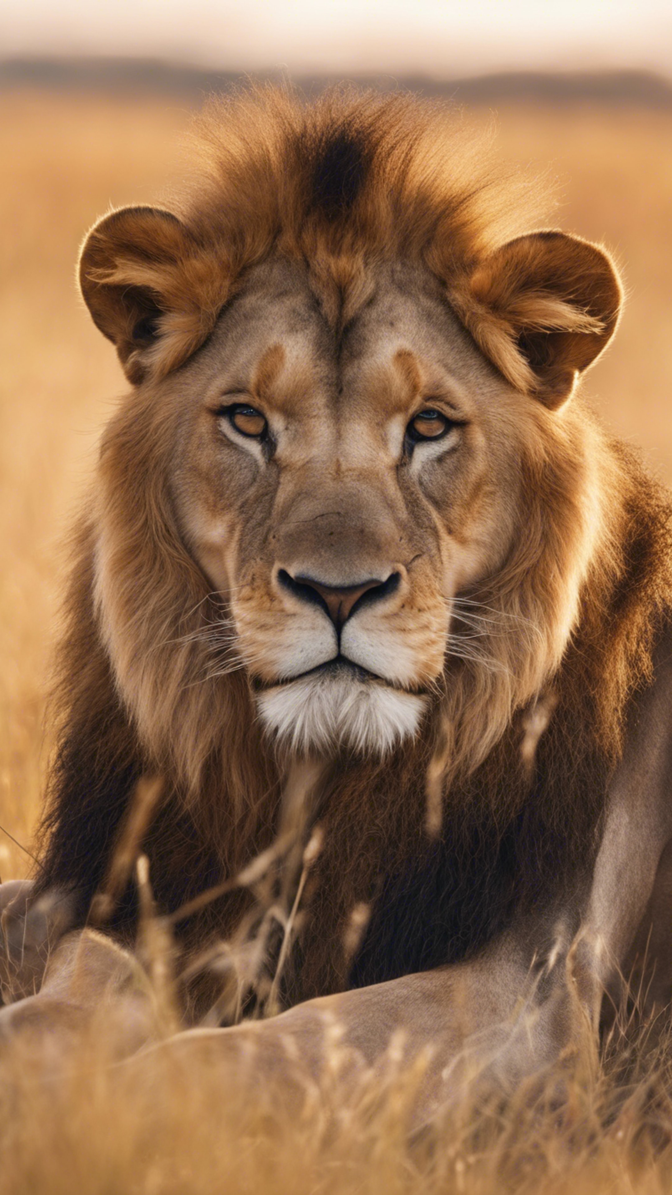An African Lion sitting still in the golden grasslands during sunset.壁紙[5c36367da6ef412794b5]
