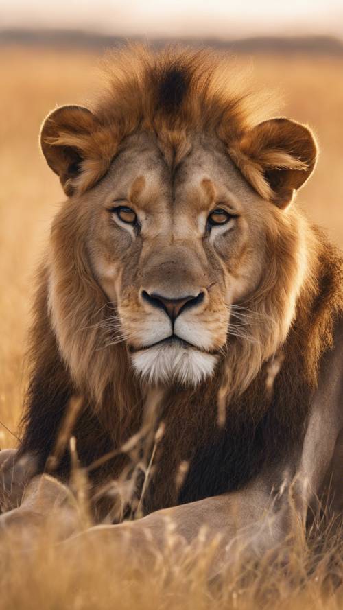 Um leão africano sentado imóvel nas pastagens douradas durante o pôr do sol.