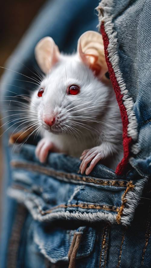 Una encantadora rata blanca con ojos rojos cómodamente acurrucada en el bolsillo de una chaqueta vaquera gastada.