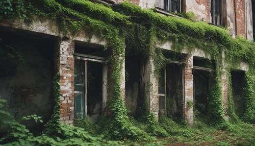 Um único tijolo verde, envolto em uma trepadeira rasteira, em um edifício abandonado, mas outrora majestoso.