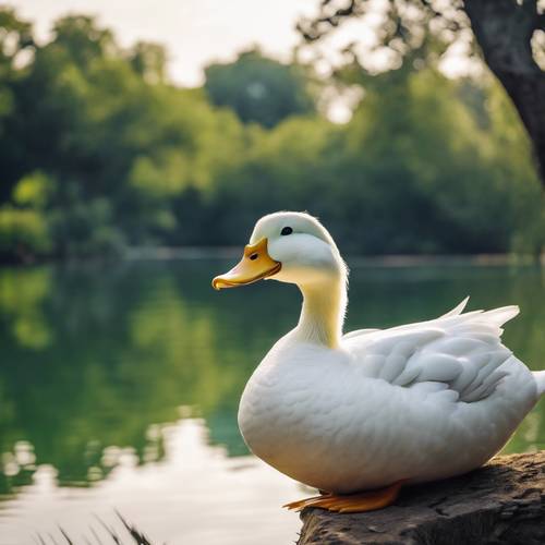 A grand old Pekin duck regally adorned with a shimmering green head and a white body, majestically observing its realm from a secluded lake corner.