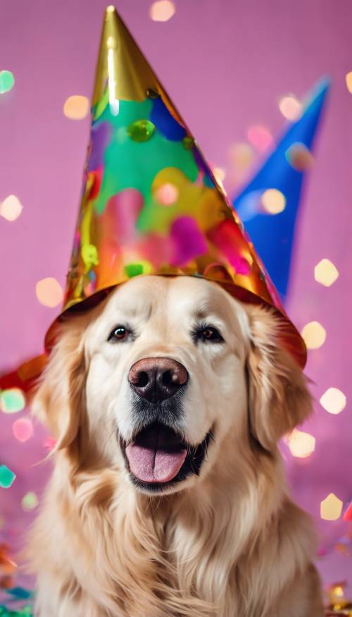 Un golden retriever che indossa un cappello da festa di Capodanno circondato da coriandoli e illuminato da luci colorate.