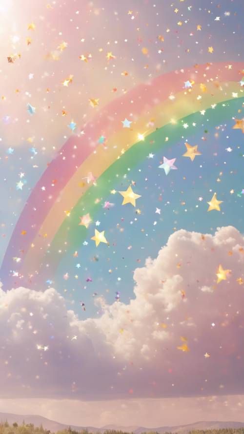 Sekelompok bintang kecil berwarna pastel berkilauan mengelilingi pelangi cerah beraneka warna di tengah langit sore yang cerah.