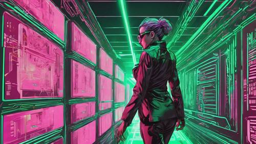 Seorang pencuri dunia maya wanita dengan setelan rapi menyelinap melalui koridor keamanan yang diberi lampu hijau.