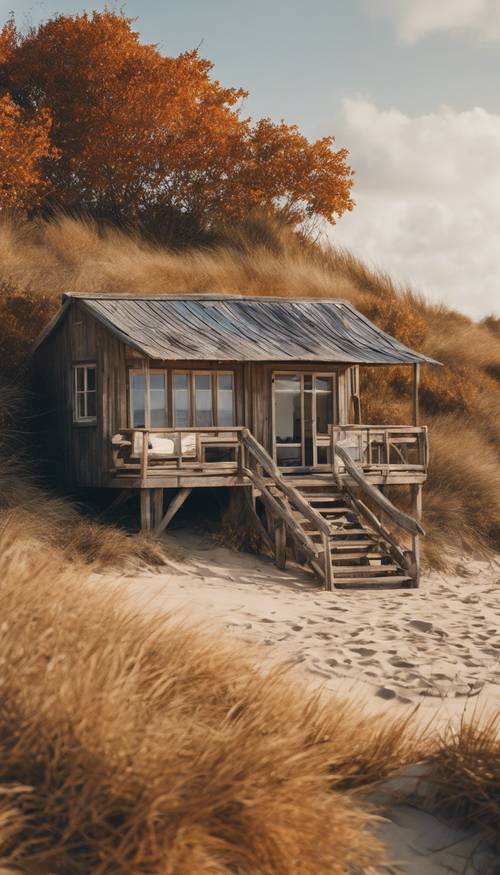 Eine charmante, rustikale Strandhütte mit Blick auf einen ruhigen, leeren Strand im Herbst.