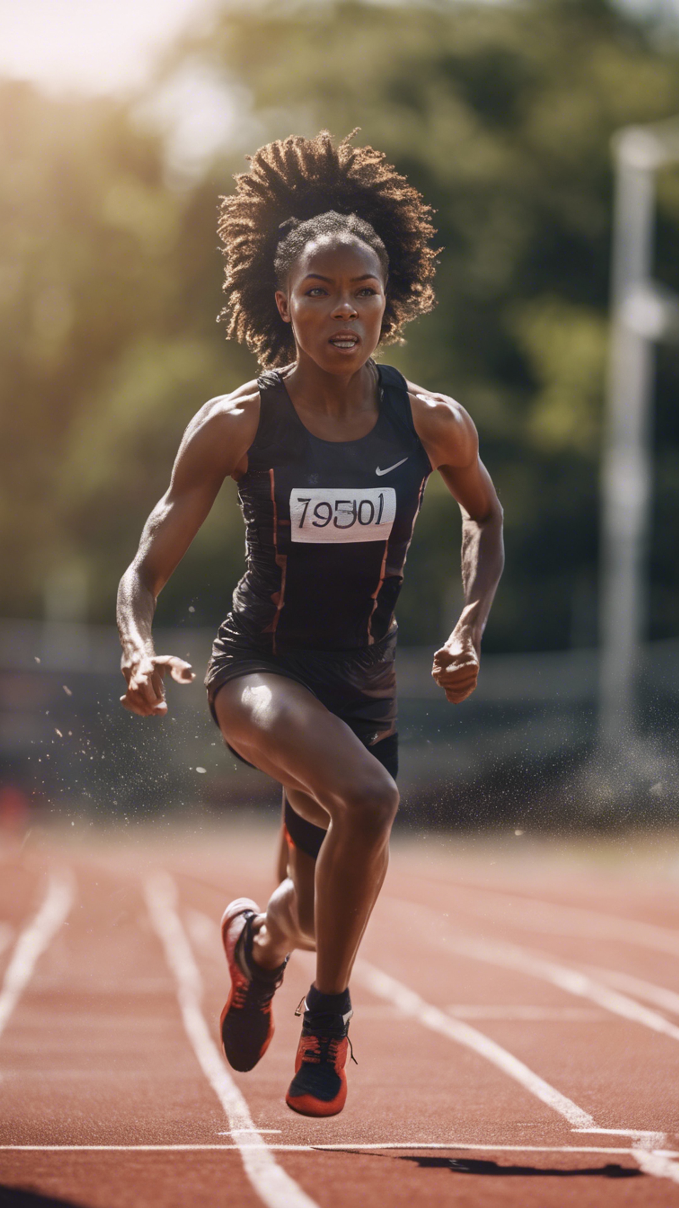 A dynamic image of a black girl engaging in competitive sprint, showing her vital energy. Tapet[76eb5b44f4a84b498fc2]