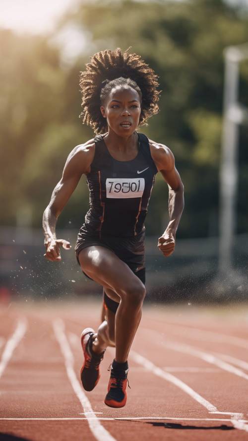 Ein dynamisches Bild eines schwarzen Mädchens, das an einem Wettkampfsprint teilnimmt und dabei ihre Lebensenergie zeigt.