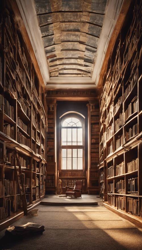 Sebuah perpustakaan tua yang dipenuhi buku dari lantai hingga langit-langit, sinar debu menerangi sudut baca yang nyaman.