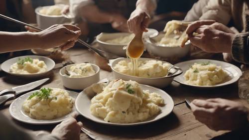 Family and friends serving each other globs of mashed potatoes, slices of turkey, and ladles of gravy while laughing together at a long, rustic wooden dinner table.