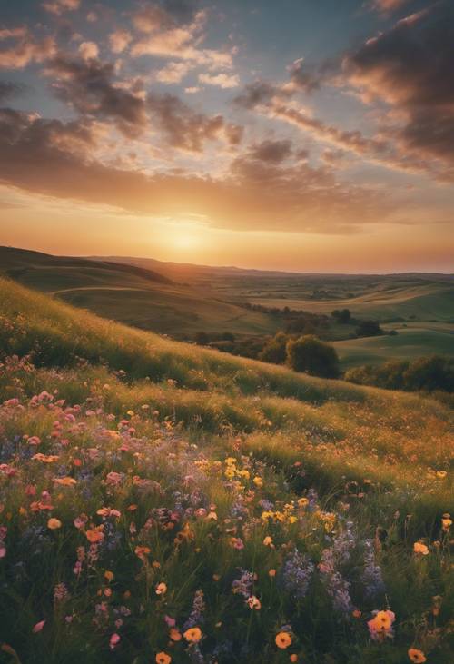 Eine Weitwinkelaufnahme eines dramatischen Sonnenuntergangs über sanften Hügeln mit Wildblumen in einer friedlichen Landschaft.