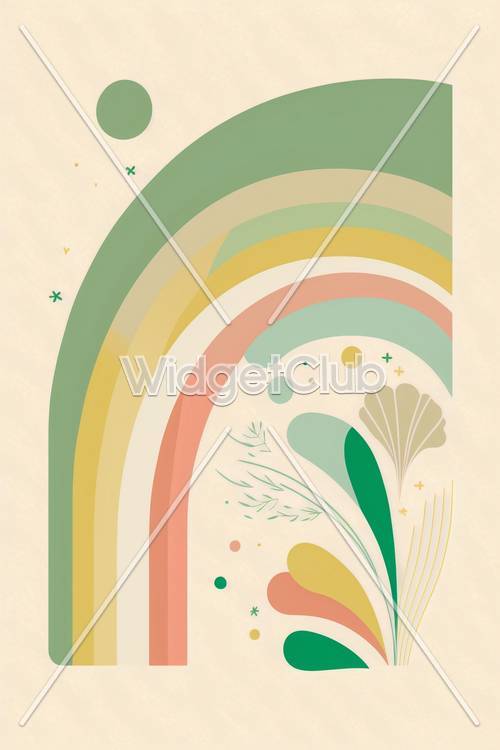 星と植物が描かれたカラフルな抽象的な虹の壁紙