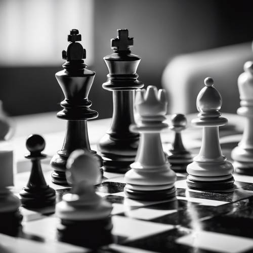 A black and white photograph of a chess game in progress, focusing on the queen’s move.