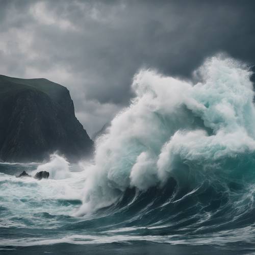 Fırtınalı bir deniz sırasında güçlü dalgaların çarptığı şiddetli bir dağ kayalığının muhteşem görüntüsü. duvar kağıdı [15ed2a06dc904cb1898a]