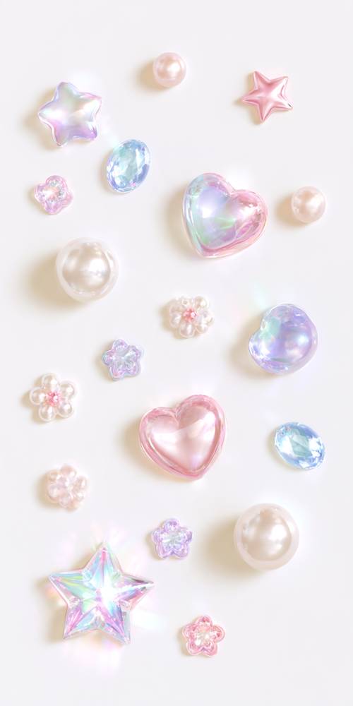 Corações e pérolas brilham em tons pastel.